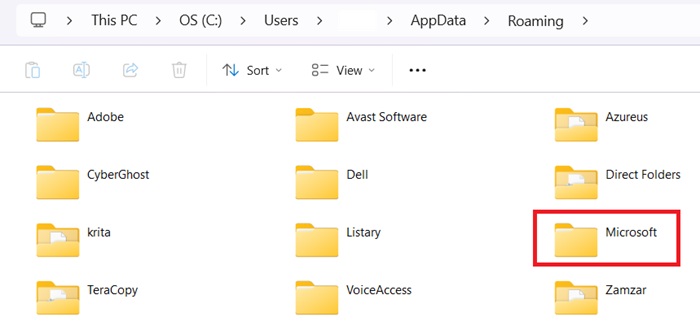 Going inside the "Microsoft" subfolder within "AppData."