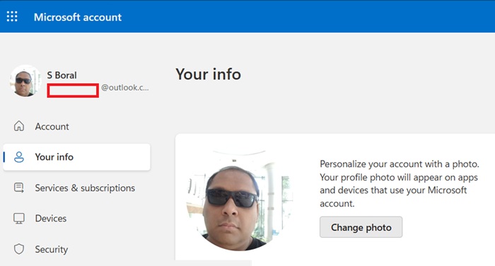 "Change Photo" under Microsoft account in the dashboard.
