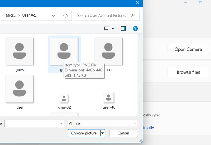 Changing the Windows user account picture to its default wireframe icon in PNH format.