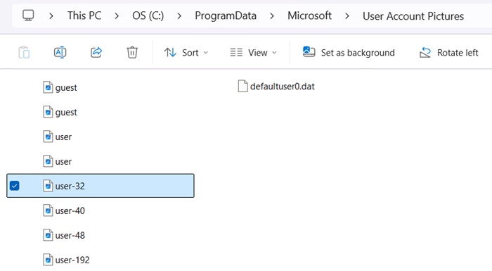 "UserAccountsPictures" folder under "ProgramData" in Windows File Explorer.