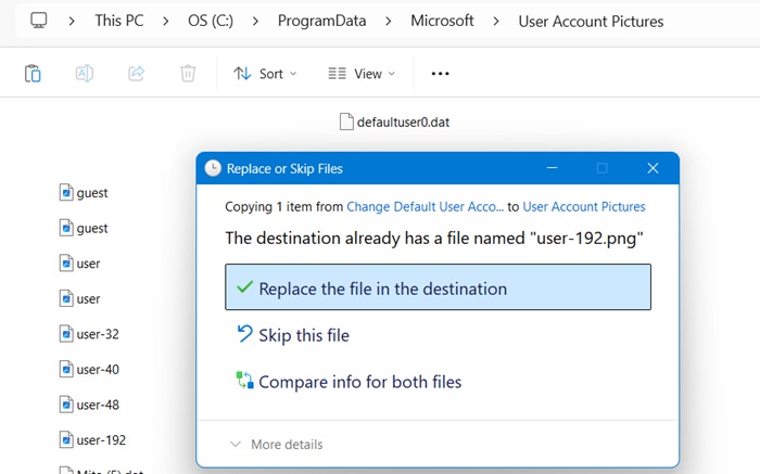 New user icon image of 192 px dimension replacing the older one in "UserAccountsPicture" folder.