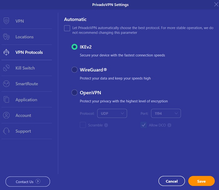 Different VPN protocols such as IKEv2, WireGuard, and OpenVPN in PrivadoVPN.