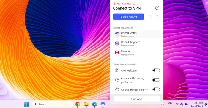 Example of a VPN: NordVPN, with several US, UK, and Canada-based servers, used on Windows 11 device.