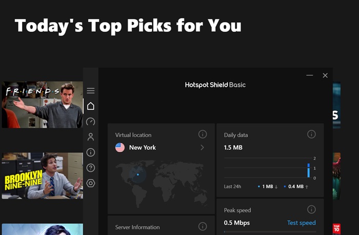 Hotspot Shield Basic free VPN plan offers access to Netflix library from another country.