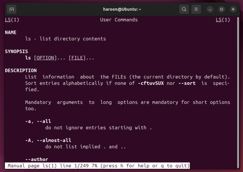 Viewing Ls Command Using Man Command
