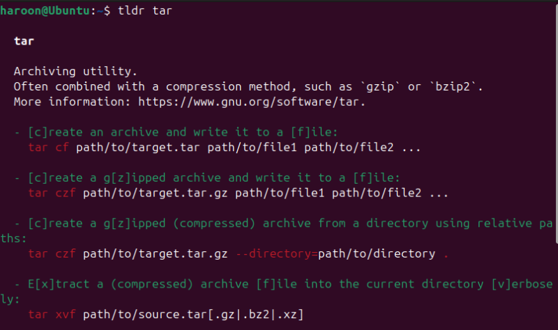 Viewing Tar Command Using Tldr