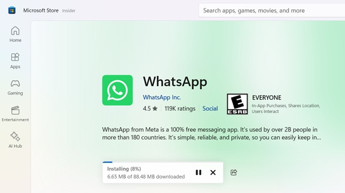 Downloading and installing WhatsApp from Microsoft Store on a Windows device.