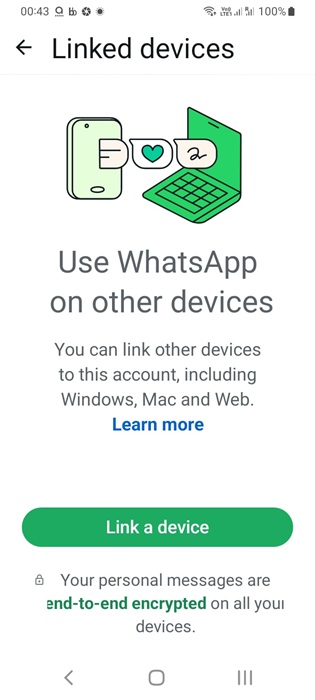 The "Link a device" option viewable on WhatsApp on Android phone.