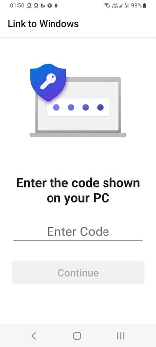 Entering a 6-digit code visible with Windows PC on "Link to Windows" app on Android.
