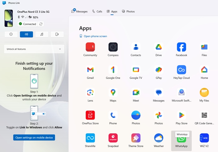 Select "WhatsApp" from a list of "All Apps" mentioned in Phone Link.