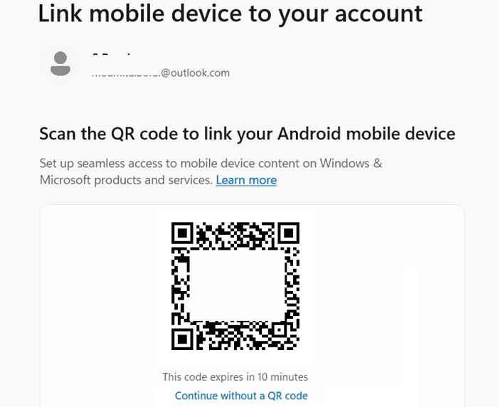 Scan QR code on Phone Link app in Windows 11.