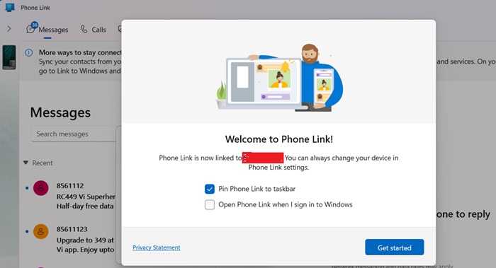 Welcome screen for "Phone Link" app on Windows 11.
