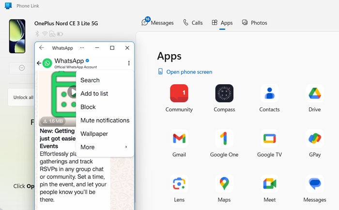 Visible WhatsApp Connection on Phone Link app in Windows 11.