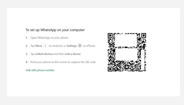 QR code visible on WhatsApp app launched in Windows from Microsoft Store.