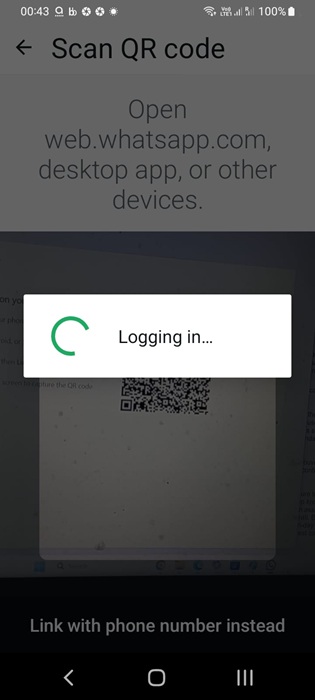 Scan QR code for logging in to WhatsApp on a Windows device.