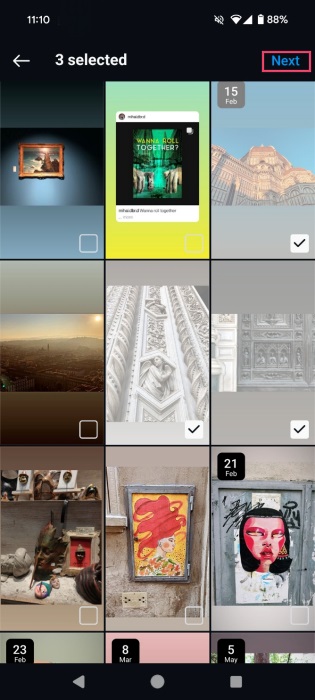 Selecting the Stories you want to add to your new Instagram Highlight. 