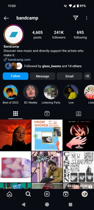 Highlights visible on Bandcamp Instagram profile.  