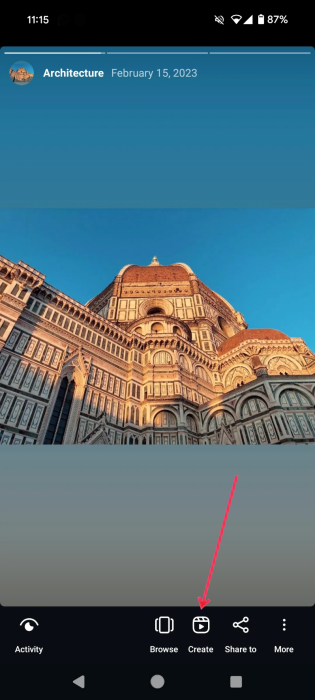 Pressing on Create button in Instagram Highlight view.