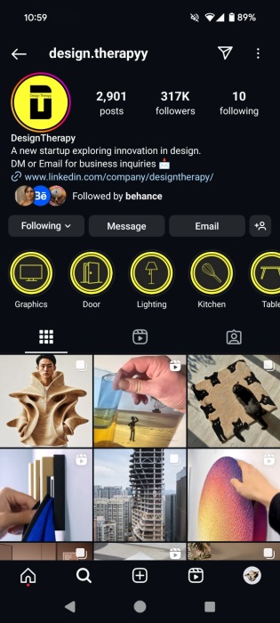 Highlights visible on Design Therapy Instagram profile.  