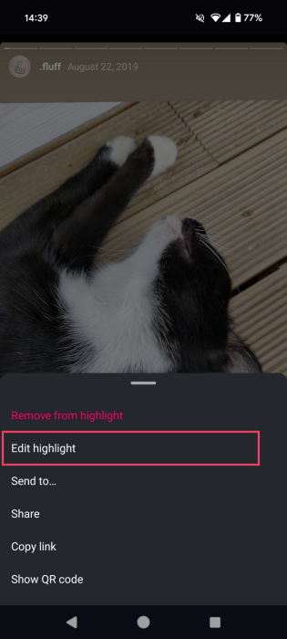 Tapping on "Edit highlight" option in Instagram app. 