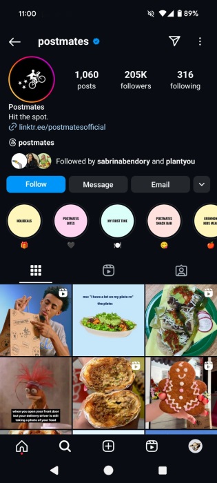 Highlights visible on Postmates Instagram profile.  