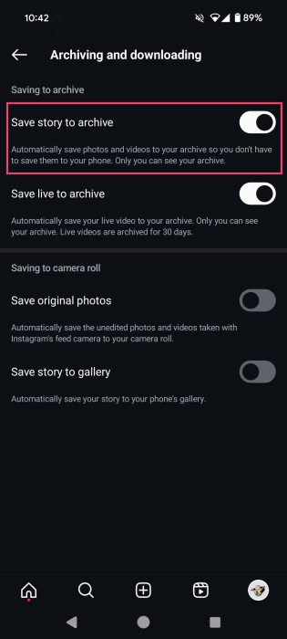 Checking whether "Save story to archive" toggle is enabled in Instagram app Settings. 