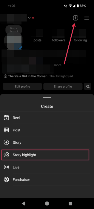 Selecting the "Story highlight" option via Instagram profile. 