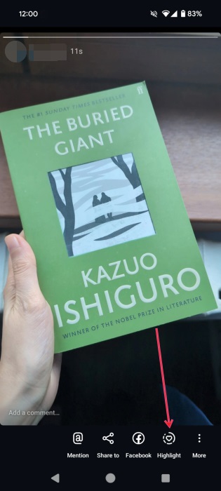 Tapping on "Highlight" option in Instagram Story view.