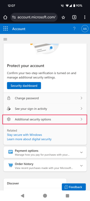 Selecting "Additional security options" in Microsoft Account page on mobile.