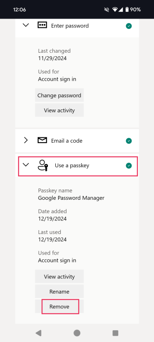 Removing passkey from Microsoft account on mobile. 
