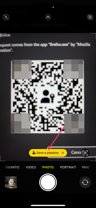 Using "Save a passkey" option on iPhone after scanning QR code on PC.