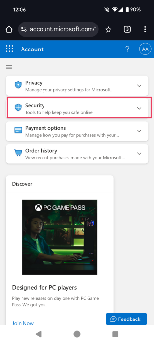 Tapping on Security option in Microsoft account page on mobile. 