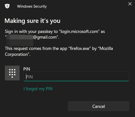 Inputting PIN to log into Microsoft account without a password.