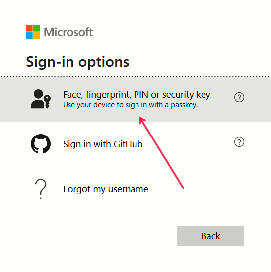 Selecting "Face, fingerprint, PIN or security key" option in Microsoft "Sign-in options" screen.