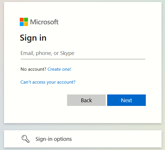 Microsoft account sign in screen. 