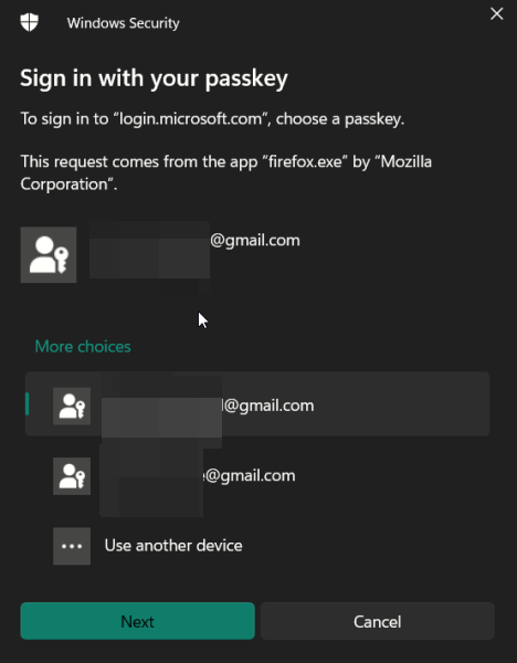 Selecting account you wish to log in with your passkey. 