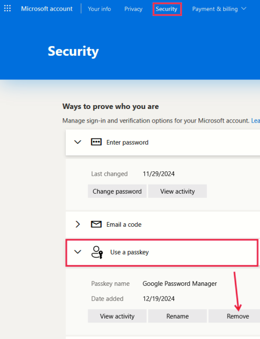 Removing a passkey from Microsoft account page in the Security tab. 