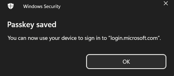 Pop-up showing that passkey has been saved for a particular device. 