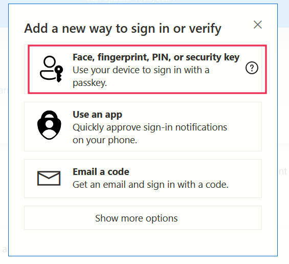 Clicking on "Face, fingerprint, PIN, or security key" option in Microsoft account page on PC.