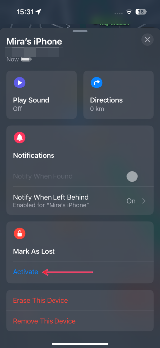 Activating "Mark as Lost" option in Find My app on iPhone.