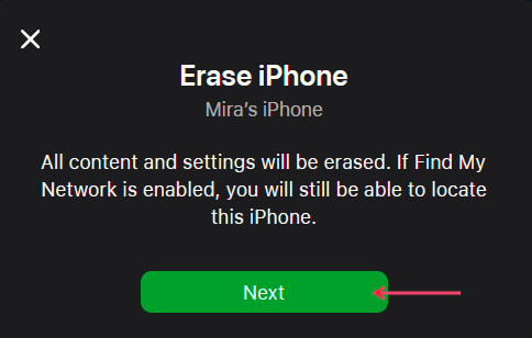 Tapping Next button to continue erasing iPhone remotely via iCloud Find Devices.