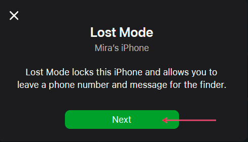 Clicking "Next" button o activate Lost Mode in iCloud Find Devices.
