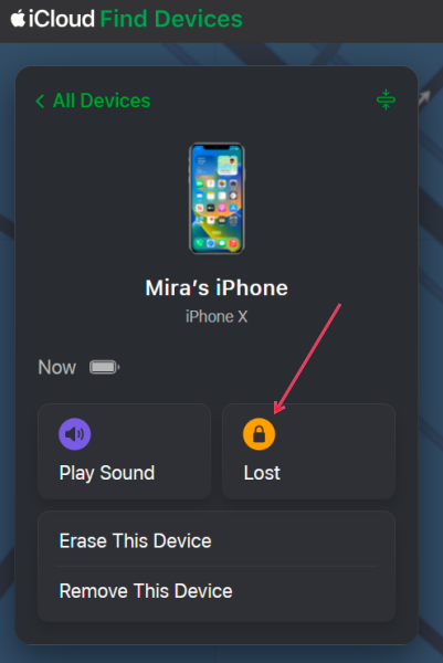 Clicking on "Lost" option in iCloud Find Devices.