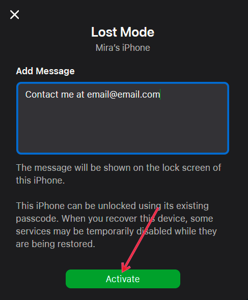 Adding message to activate Lost Mode in iCloud Find Devices.