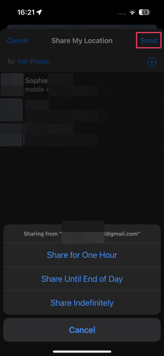 Pressing "Send" to share location with contacts via the Find My app on iPhone.
