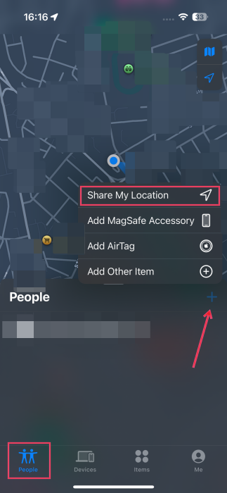 Pressing on "Share My Location" option in Find My app on iPhone.