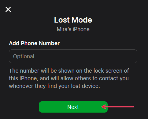Adding phone number to activate Lost Mode in iCloud Find Devices.