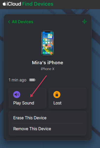 Initiating sound alert in iCloud Find Devices on PC.