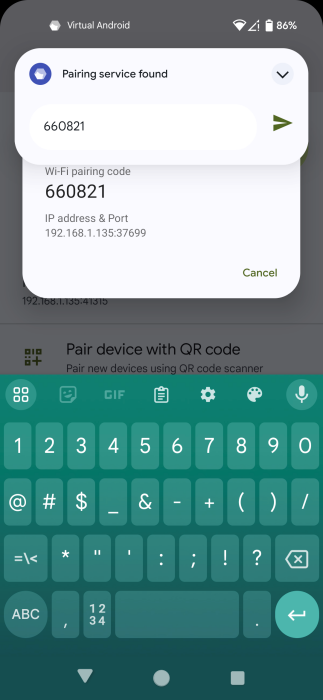 Inputting pairing code for Android Virtual app on Android.