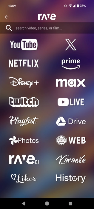Selecting streaming service to log into in Rave app on Android.